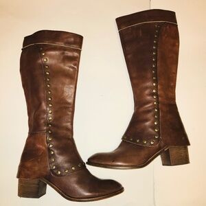 Kork-Ease Brown Leather Studded Riding Boots Block Heel Size 10 Moto Equestrian